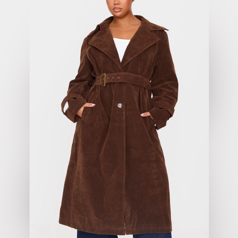 Plus Chocolate Faux Suede Belted Trench Coat